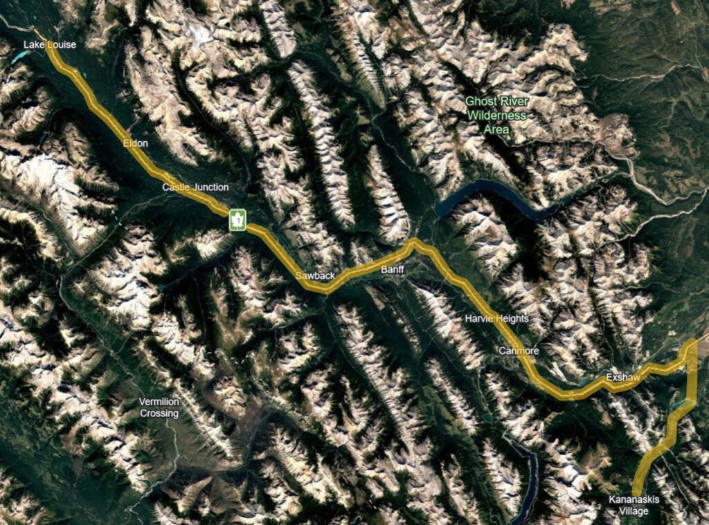 A map of our service area in the Bow Valley, stretching from Lake Louise to Kananaskis Village.